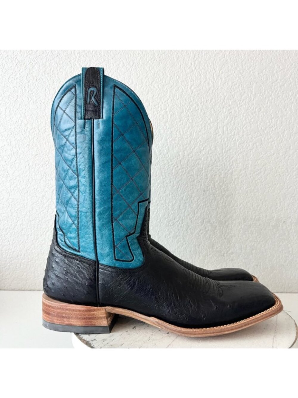 Rod Patrick Mens Black Ostrich Cowboy Boots Size 13 Blue Top Western Square Toe - Picture 2 of 12
